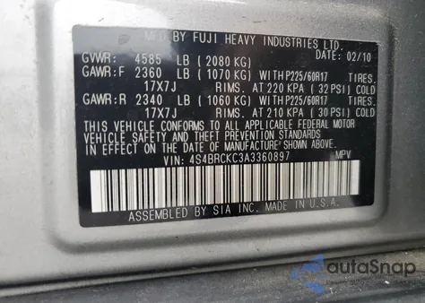 2010 Subaru Outback 2.5I Limited из США, поврежденный, VIN 4S4BRCKC3A3360897